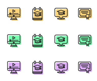 Konuşma balonunda satır mezuniyet başlığını, çevrimiçi oyun videosunu, eğitimi ve sertifika şablon simgesini ayarla. Vektör