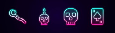 Sihirli değnekler, kafatasında yanan mumlar, Kurukafa ve iskambil kartları. Parlayan neon ikonu. Vektör