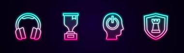 Sıra kulaklıklar, ödül kupası, güç düğmesi ve satranç kalkanı. Parlayan neon ikonu. Vektör
