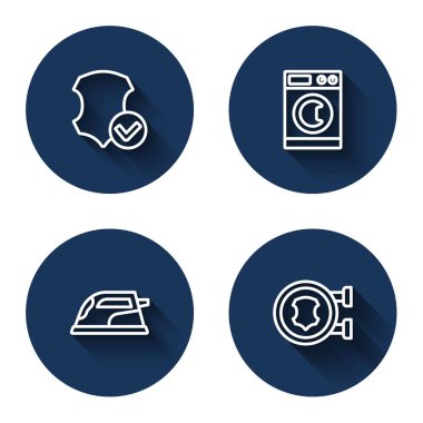 Sıralı deri, çamaşır makinesi, elektrikli ütü ve uzun gölgeli. Mavi daire düğmesi. Vektör