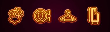 Deri, elbise askısı ve dikiş desenlerini ayarla. Parlayan neon ikonu. Vektör