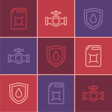 Benzin için teneke kutu, kalkanın üzerine yağ dök ve kapakçık simgesiyle boru dök. Vektör