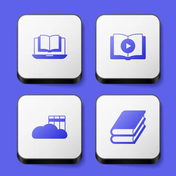 オンラインクラス オーディオブック クラウドまたはオンラインライブラリ ブック アイコンを設定します 白い四角形のボタン ベクトル — ストックベクタ