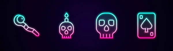 Establecer Línea Mágico Personal Vela Ardiente Cráneo Calavera Naipes Icono — Vector de stock