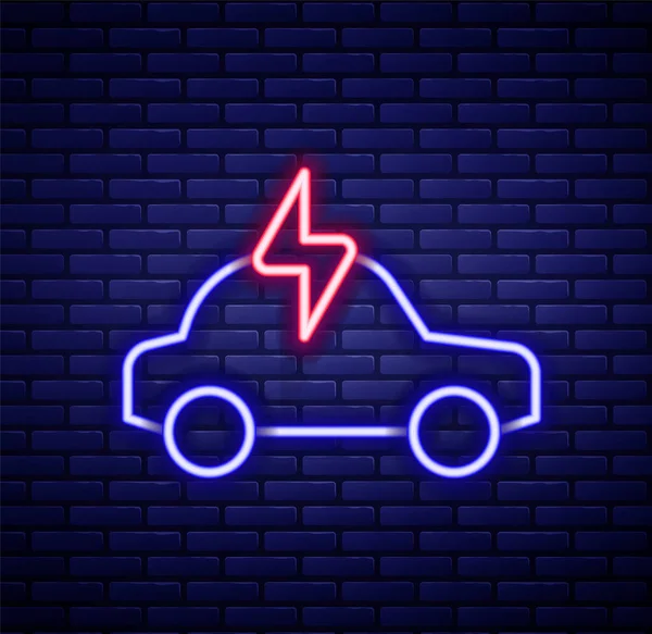 Glowing Neon Line Mobil Listrik Dan Kabel Listrik Pengisian Ikon - Stok Vektor