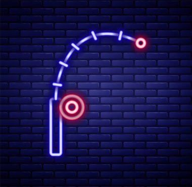 Işıldayan neon hattı Balıkçı Çubuğu simgesi tuğla duvar arkasında izole edildi. Büyük bir balık yakala. Balıkçılık ekipmanları ve balık çiftliği konuları. Renkli taslak konsepti. Vektör