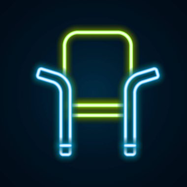 Parlayan neon hattı Kamp portatif katlanabilir sandalye simgesi siyah arkaplanda izole edildi. Dinlen ve rahatla. Balık koltuğu. Renkli taslak konsepti. Vektör