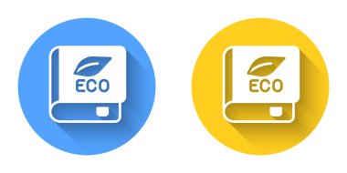 Ekoloji ikonu hakkında Beyaz Kitap uzun gölgeli arka plan izole. Biyoloji kitabı. Çember düğmesi. Vektör