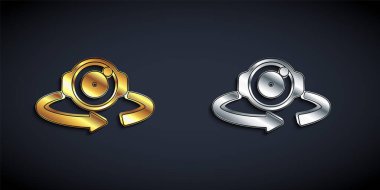 Siyah arkaplanda izole edilmiş altın ve gümüş 360 derecelik görüntü simgesi. Sanal gerçeklik. 360 derecelik açıyla. Panorama fotoğrafı. Uzun gölge tarzı. Vektör