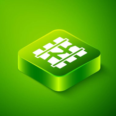 Isometric kırık ya da kırık raylar yeşil arka planda izole edilmiş bir demiryolu ikonu. Yeşil kare düğmesi. Vektör