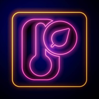 Parlayan neon meteoroloji termometresi siyah zeminde izole edilmiş ısı ve soğuk ikonu ölçüyor. Termometre termometresi sıcak ya da soğuk hava gösteriyor. Vektör