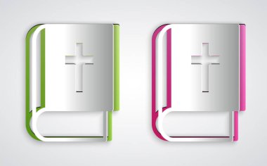 Kağıt kesiği kutsal kitap ikonu gri arka planda izole edilmiş. Kağıt sanatı tarzı. Vektör