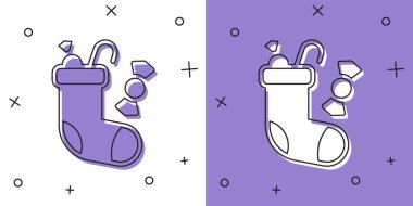 Noel çorap simgesini beyaz ve mor arkaplanda izole et. Mutlu Noeller ve mutlu yıllar. Vektör