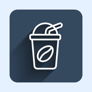 Beyaz çizgi buzlu kahve ikonu uzun gölge arkaplan izole. Mavi kare düğme. Vektör