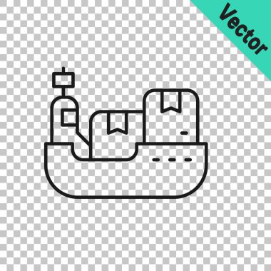 Şeffaf arkaplanda kutucuk servis simgesine sahip siyah çizgi kargo gemisi. Teslimat, ulaşım. Paketleri, kutuları, malları olan bir şilep. Vektör