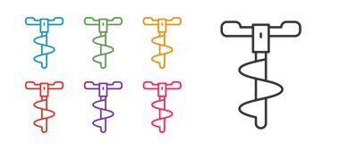 Beyaz arka planda izole edilmiş kış balıkçılık ikonu için El matkabını hazırlayın. Simgeleri renklendirin. Vektör