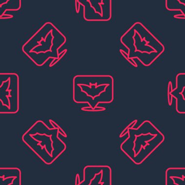 Kırmızı çizgi uçan yarasa simgesi siyah zeminde izole edilmiş. Mutlu Cadılar Bayramı Partisi. Vektör