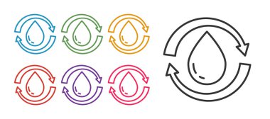 Beyaz arkaplanda izole edilmiş temiz su simgesini geri dönüştür. İşaret geri dönüşümlü bir damla su. Simgeleri renklendirin. Vektör