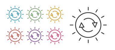 Beyaz arkaplanda Güneş enerjisi simgesini izole et. Yıldırım sembollü güneş. Simgeleri renklendirin. Vektör