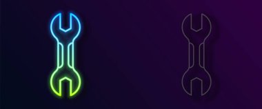 Parlayan neon çizgi anahtarı simgesi siyah arkaplanda izole edildi. Anahtar tamir aleti. Servis aracı sembolü. Vektör