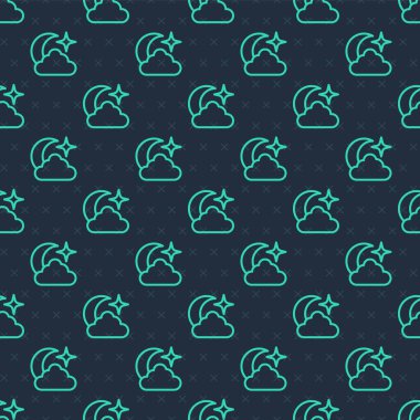 Yeşil çizgi Ay ve yıldız ikonu mavi arka planda izole edilmiş kusursuz desen. Bulutlu gece işareti. Uyku rüyalarının sembolü. Dolunay. Gece ya da yatak zamanı tabelası. Vektör