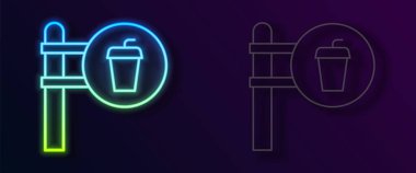 Parlayan neon hattı Kafe ve restoran konumu simgesi siyah arka planda izole edildi. Noktanın içinde çatal ve kaşık yeme işareti var. Vektör.