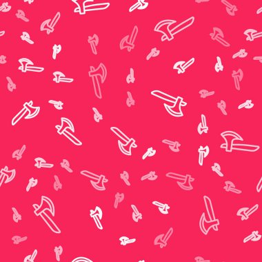 Beyaz çizgi tahta balta simgesi kırmızı arkaplanda izole edilmiş. Oduncu baltası. Vektör