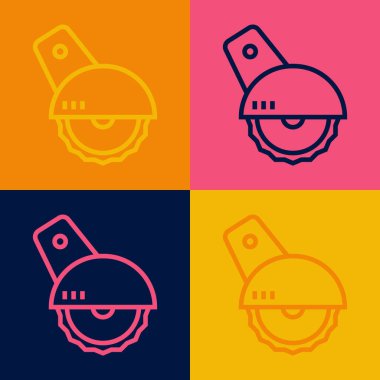 Pop sanat çizgisi. Renkli arka planda çelik dişli disk ikonu olan elektrikli dairesel testere. Tahta ya da metal kesmek için elektrikli el aleti. Vektör