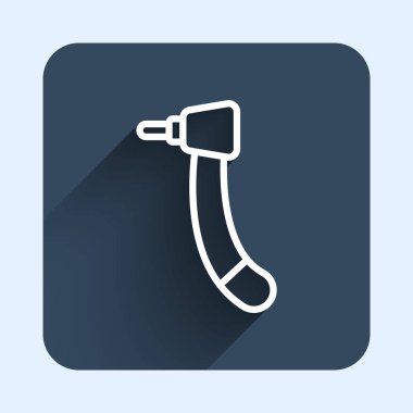 Beyaz çizgi Diş matkabı ikonu uzun gölge arkaplanı ile izole edildi. Delme ve öğütme aletleri için el işi. Mavi kare düğme. Vektör