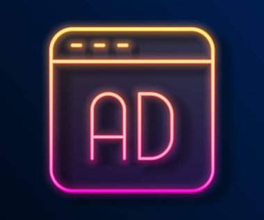 Parlayan neon hattı reklam simgesi siyah arkaplanda izole edildi. Pazarlama ve tanıtım süreci kavramı. İlgili reklamlar. Sosyal medya reklamcılığı. Vektör