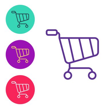 Alış veriş arabası simgesi beyaz arkaplanda izole edildi. İnternetten satın alma konsepti. Servis tabelası. Süpermarket sepeti sembolü. Simgeleri renklendirin. Vektör