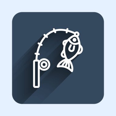 Beyaz çizgili olta ve uzun gölgeli balık ikonu. Balıkçılık ekipmanları ve balık çiftliği konuları. Mavi kare düğme. Vektör