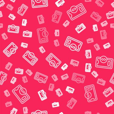 Dolar sembolü simgesi olan beyaz çizgili akıllı telefon kırmızı arkaplanda izole edilmiş kusursuz desen. İnternetten alışveriş konsepti. Finansal cep telefonu simgesi. Çevrimiçi ödeme. Vektör