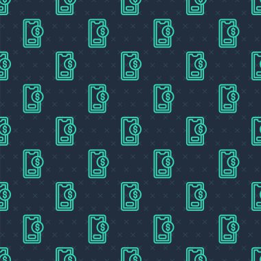 Dolar sembolü simgesi olan yeşil çizgi akıllı telefonu mavi arka planda izole edilmiş pürüzsüz desen. İnternetten alışveriş konsepti. Finansal cep telefonu simgesi. Çevrimiçi ödeme. Vektör