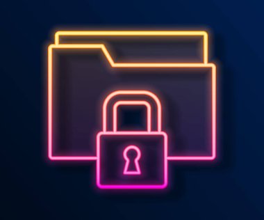 Parlayan neon hattı dizini ve kilit simgesi siyah arkaplanda izole edildi. Kapalı dosya ve asma kilit. Güvenlik, güvenlik, koruma kavramı. Vektör