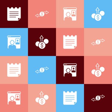 Popüler Sanat Defteri, Para Takası, Görüntülü Sohbet Konferansı ve Mali Büyüme Dolar simgesi ayarla. Vektör