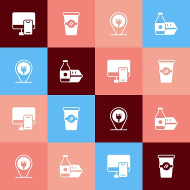 Pop Art 'ı internetten sipariş et, kahve fincanı, kafe, restoran mekanı ve ikon sipariş et. Vektör