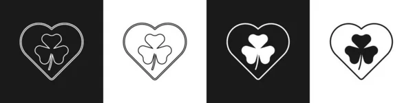 Set Heart Clover Trefoil Leaf Icon Isolated Black White Background — Stockový vektor