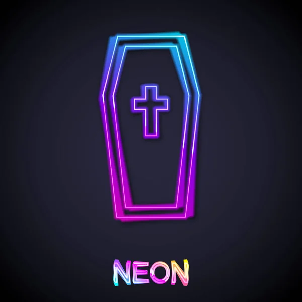 Glowing Neon Line Coffin Christian Cross Icon Isolated Black Background — Stock Vector