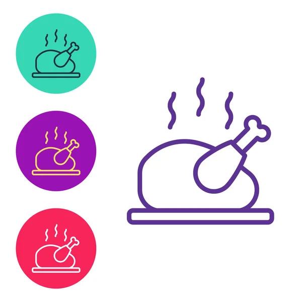 Set Line Icono Pavo Asado Pollo Aislado Sobre Fondo Blanco — Vector de stock