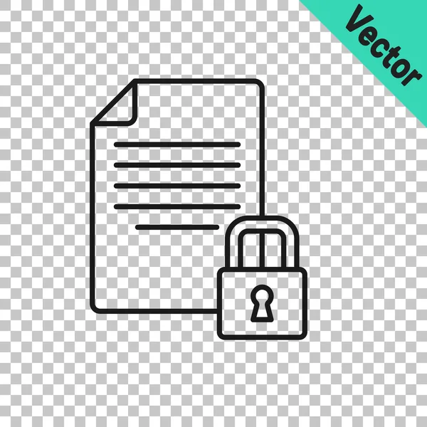 Schwarze Linie Dokument Und Schloss Symbol Isoliert Auf Transparentem Hintergrund — Stockvektor