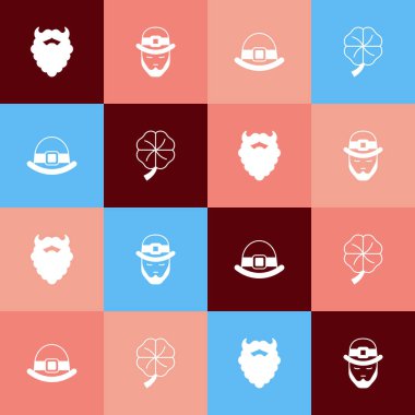 Pop sanat eserleri, bıyık ve sakal, leprikon, şapka ve dört yapraklı yonca ikonu. Vektör