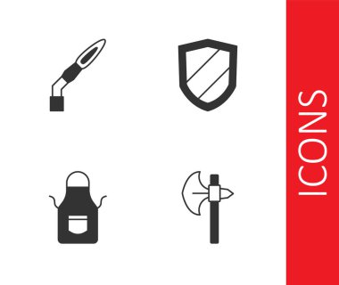 Ortaçağ baltası, kaynak makinesi, demirci önlüğü ve kalkanların simgesini hazırla. Vektör