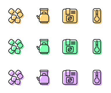 Kahve çekirdeği torbası, şeker küpleri, saplı kettle ve kahve termometresi ikonu. Vektör