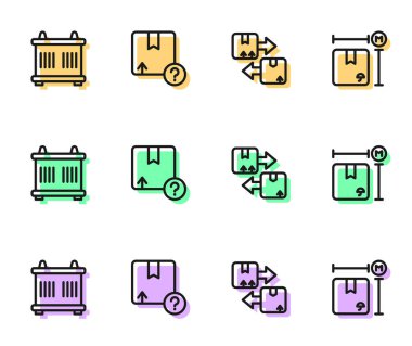 Trafik sembolü, konteynır, karton karton ve ölçü simgesi içeren çizgi karton kutusunu ayarlayın. Vektör