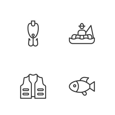 Balık, balıkçı ceketi, yem ve balıkçı teknesi ikonu. Vektör