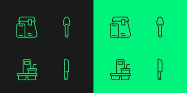 Sıralı bıçak, paket kahve fincanı, internetten yemek siparişi ve kaşık ikonu. Vektör