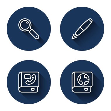 Çizgi büyüteç, dolmakalem ucu, telefon rehberi ve dünya küresi ve uzun gölgeli. Mavi daire düğmesi. Vektör