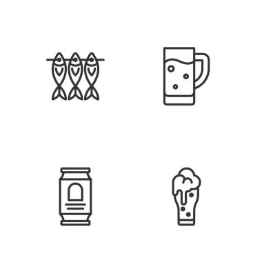 Bir bardak bira, bira kutusu, kurutulmuş balık ve ikon. Vektör