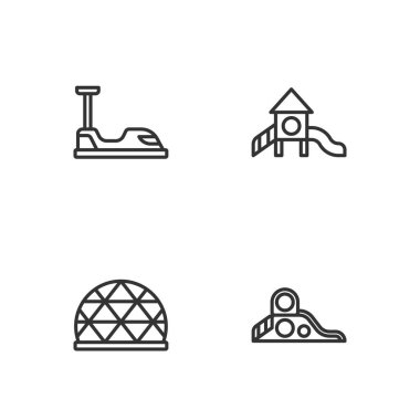 Çizgi kaydırak parkı, oyun alanı tırmanma ekipmanları, çarpışan araba ve ikon. Vektör